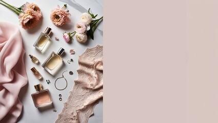 Elegant Beauty and Skincare Products with Floral Decor Flat Lay with Copy Space
