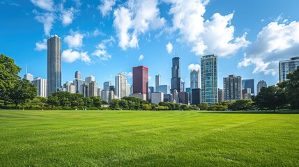 Obraz premium Corporate skyscrapers rise under a blue sky, positioned in the middle, with short green grass in the foreground and no people in sight.