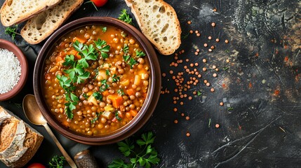 A rustic table with a bowl of hearty lentil soup, garnished with fresh herbs and a side of crusty bread