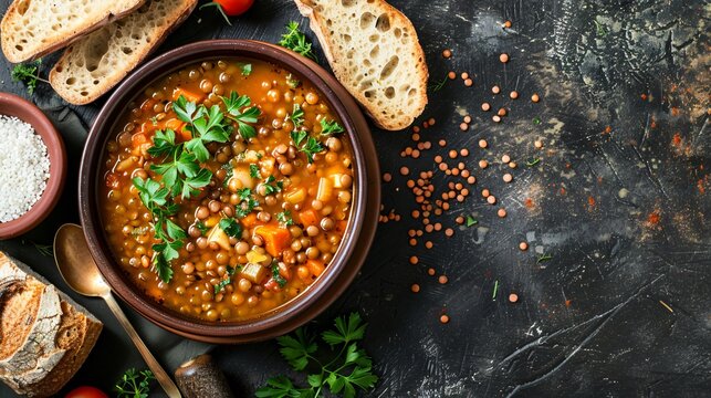 A rustic table with a bowl of hearty lentil soup, garnished with fresh herbs and a side of crusty bread