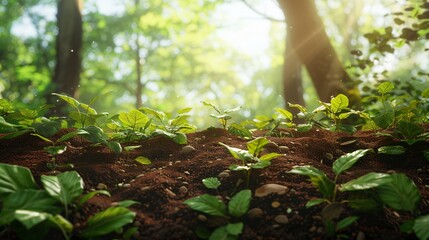 3D sprouts emerging from rich soil with vibrant green leaves and a soft focus forest background creating a sense of new beginnings and growth with ample copy space