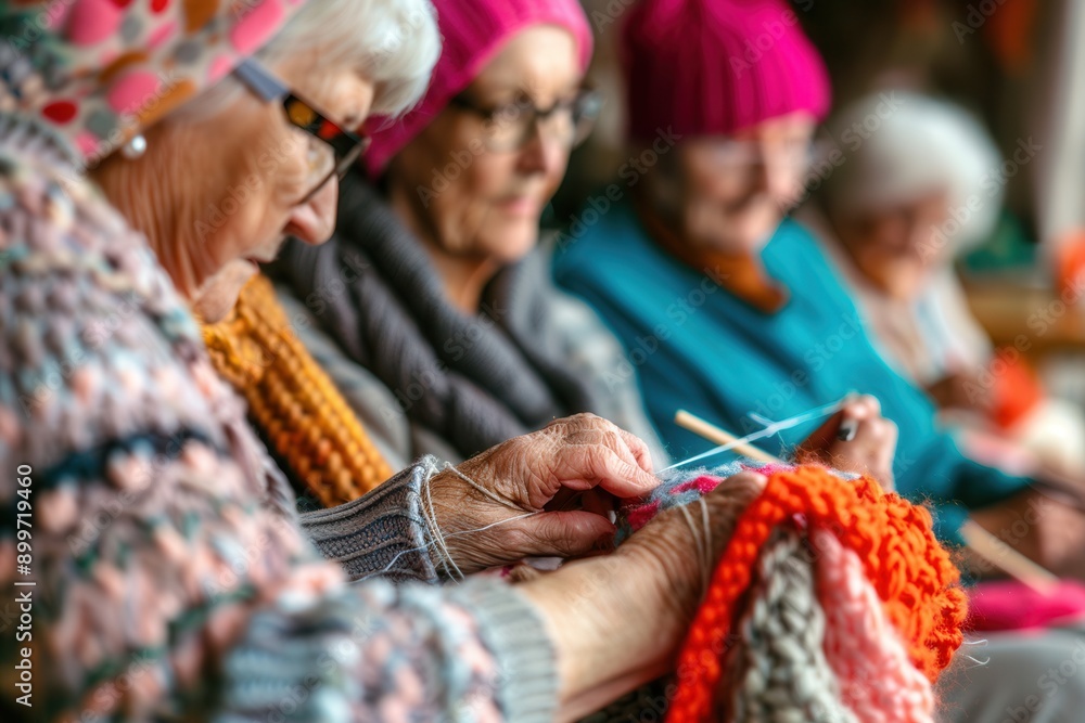 Poster elderly participants focus on knitting colorful scarves in a warm, inviting classroom setting filled