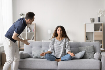 Husband accusing screams on wife while she meditating escaping from marriage and relationships...