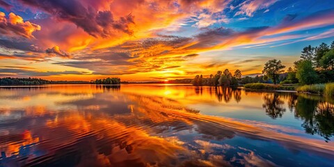 Vibrant sunset casting warm colors over a tranquil lake, sunset, lake, reflection, peaceful, nature, dusk, water, horizon