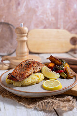 Baked white fish fillet Pangasius, Grilled salmon fillets steaks,

