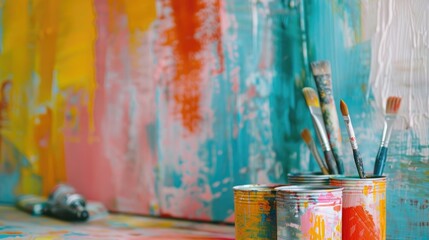 Close up of paint cans and brushes by colorful wall