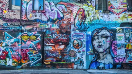 Fototapeta premium Vibrant Graffiti Art On A Brick Wall In An Urban Alleyway