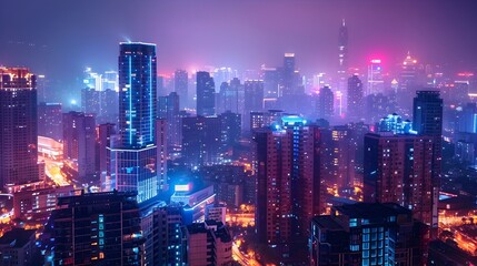 Obraz premium Vibrant Cityscape at Night with Neon Lights and Tall Buildings Exuding Electric Atmosphere