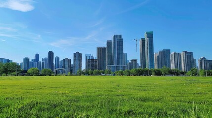 Fototapeta premium High-rise office buildings in the middle, with a bright blue sky above and a grassy green expanse in the front, with no people around.