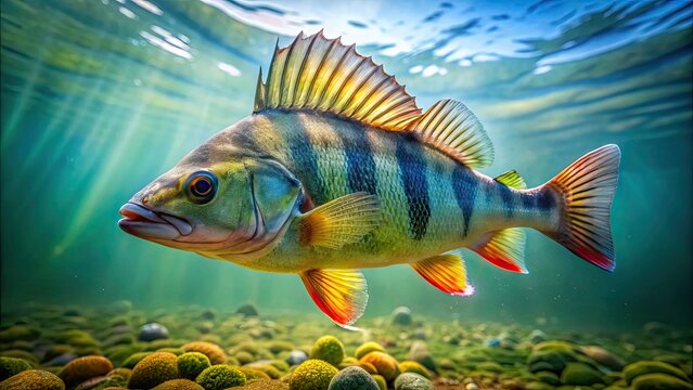 European perch close up in clear water, perch, fish, European, close-up, underwater, clear water, aquatic, wildlife