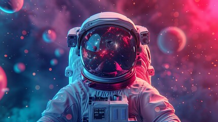 Futuristic 3D image of an astronaut in a sleek white suit surrounded by a halo of vibrant swirling colors and floating orbs against a starry backdrop with room for text
