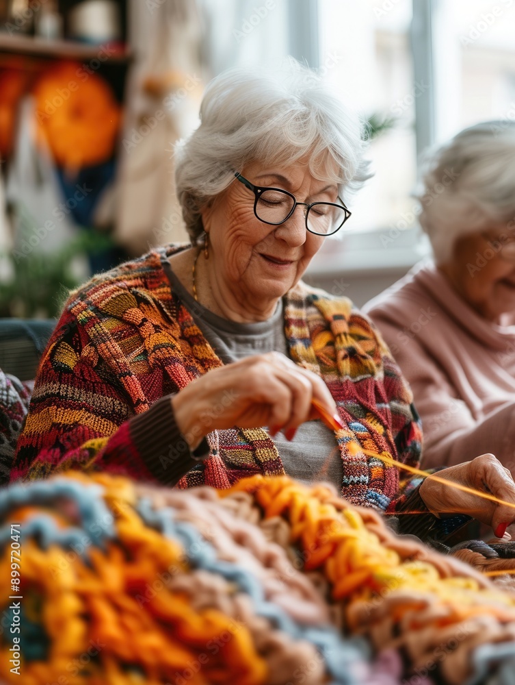 Poster two elderly participants are focused on their knitting projects in a friendly learning environment, 