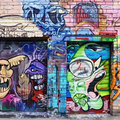 Obraz premium Colorful Graffiti Mural on Brick Wall in Urban Alleyway During Daytime