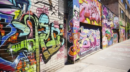 Obraz premium Vibrant Street Art Adorning a Brick Wall in an Urban Neighborhood