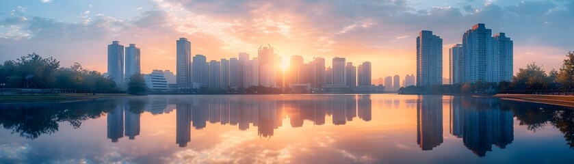 Naklejka premium Tranquil City Skyline Reflected in Calm Lake at Sunrise