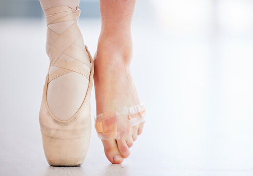 Legs, person and foot pain for ballet, performance and training in studio with accident, bruise or hurt. Ankle, dancer and feet injury for dance, workout and exercise in hall with muscle inflammation