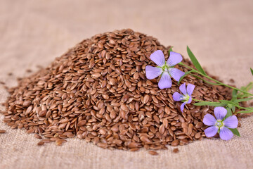 Flax seeds and flax flowers.Close-up.
