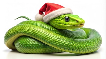 Obraz premium Holiday-Themed Green Snake with Santa Hat Marking the 2025 Year of the Snake
