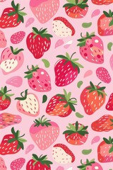 Cute Pink Strawberry Pattern With Varied Berry Designs on Light Background