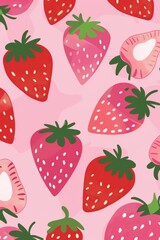 Cute Pink Strawberry Pattern With Various Strawberry Illustrations