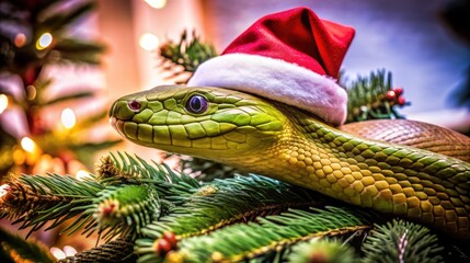 Fototapeta premium 2025 Year of the Green Snake: Adorable Green Snake with a New Year's Cap