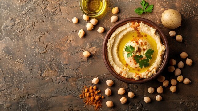 Hummus with olive oil cumin in a bowl served with chickpeas on brown background Top down view