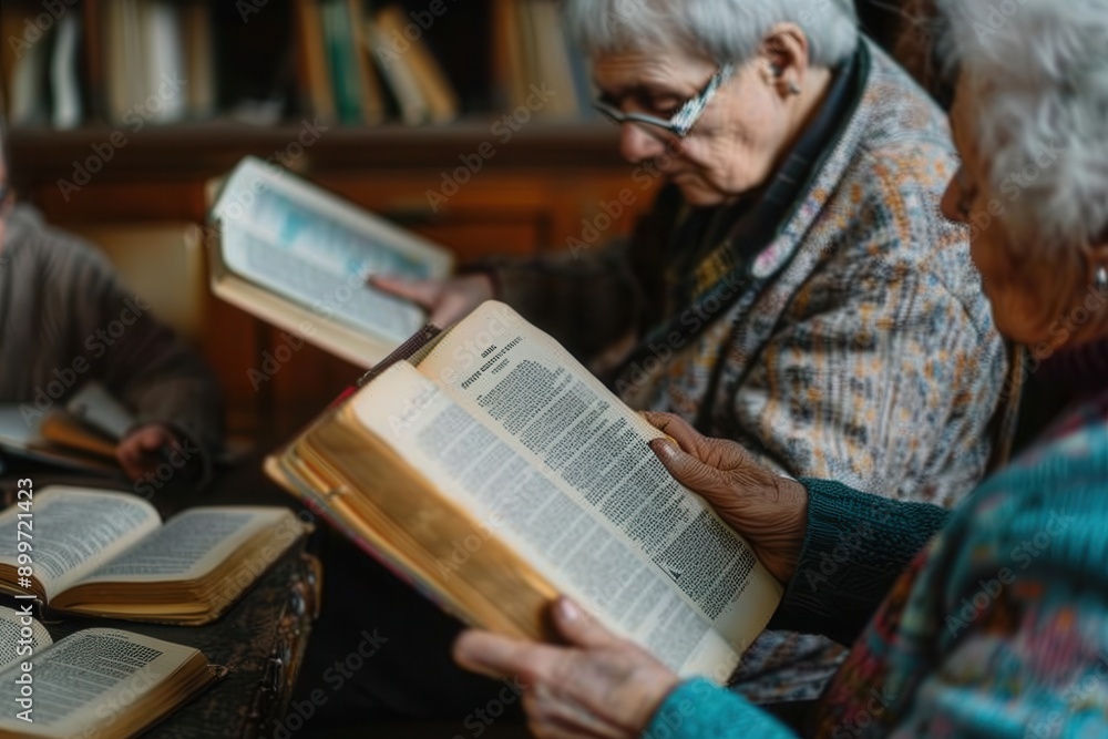 Aufkleber elderly people study foreign languages using textbooks and dictionaries in a cozy library setting, d