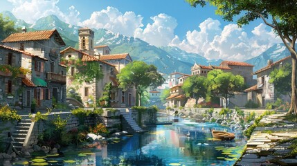 Ideal Image for Travel Guides and Tourism Posters Old Village Scenery by Waterway