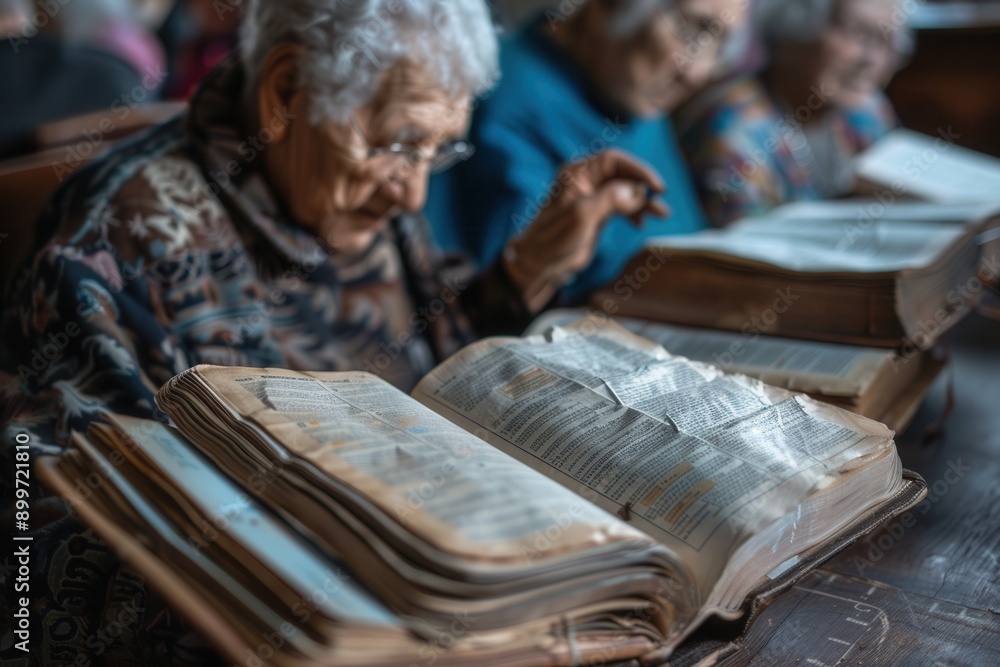 Leinwandbilder A group of elderly people studies foreign languages using textbooks and dictionaries in a cozy and inviting room. Generative AI