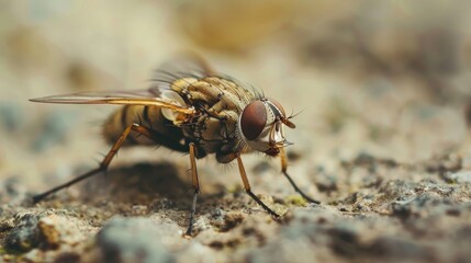 Housefly perched on wall transmitting diseases in macro photo