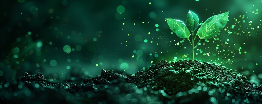 Futuristic 3D seedling growth in fertile earth neon green leaves and digital light effects blending with a blurred natural backdrop perfect for innovative nature themed content