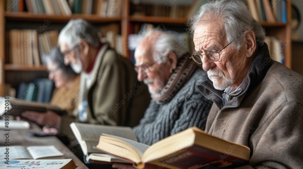 Poster elderly individuals study foreign languages using textbooks and dictionaries in a warm, inviting lib