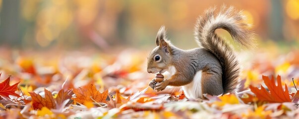 Obraz premium Close-up of a squirrel holding a nut amidst colorful autumn leaves, showcasing the beauty and vibrancy of the fall season.