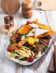 Turkish and Arabic Traditional Mix Vali Kebab Plate inside Adana, Urfa, Chicken, Lamb,
