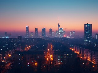 Obraz premium Twilight Cityscape with Prominent Tower and Glowing City Lights