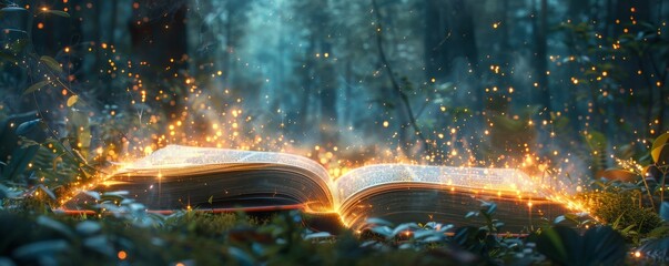 Enchanted Book with Glowing Pages in Mystical Forest - Fantasy Literature Concept