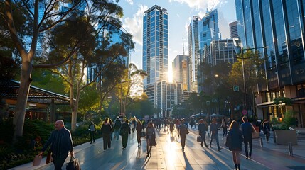 Bustling Downtown Cityscape with High Rises and Pedestrians Going About Their Day