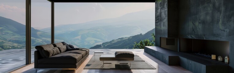 Modern Dark Living Room With Scenic Mountain View at Dusk