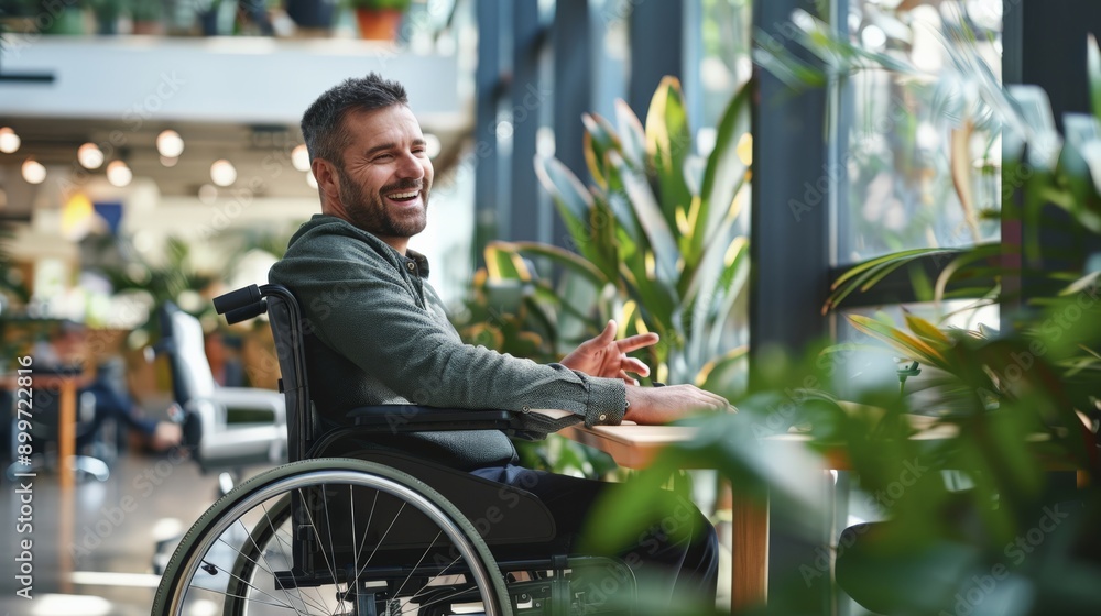 Aufkleber Man in wheelchair smiling in office with large windows. Workplace inclusion and accessibility.