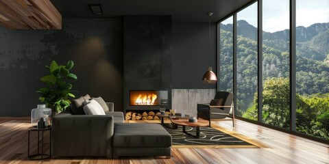 Stylish Dark Living Room With Cozy Sofa And Scenic Mountain View