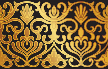Golden Baroque Seamless Pattern:  A luxurious, intricate design features a repeating pattern of ornate gold scrollwork on a black background. Perfect for adding a touch of elegance to your projects.  
