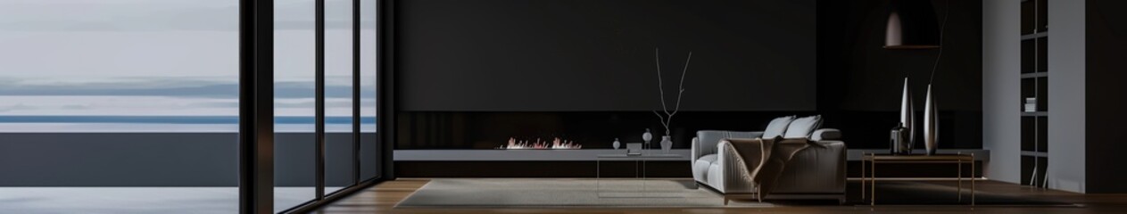 Cozy Dark Living Room With Sofa And Armchair During Evening Hours