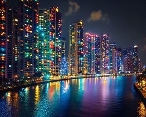 Fototapeta premium Mesmerizing Nighttime City with Vibrant Colorful Lights Adorning Skyscrapers Reflecting on the Water