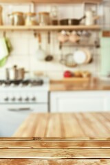 Empty Wooden Tabletop for Kitchen Product Display in Blurred Background