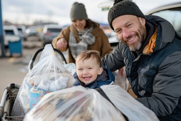 Obraz premium A family is shopping together in the winter; the child in the cart is smiling happily while the parents are bundled up in warm clothing, enjoying the time together.