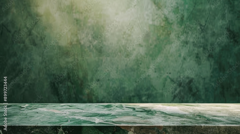 Poster empty green marble table for product displayed. green backdrop at foreground and cement stone at bac