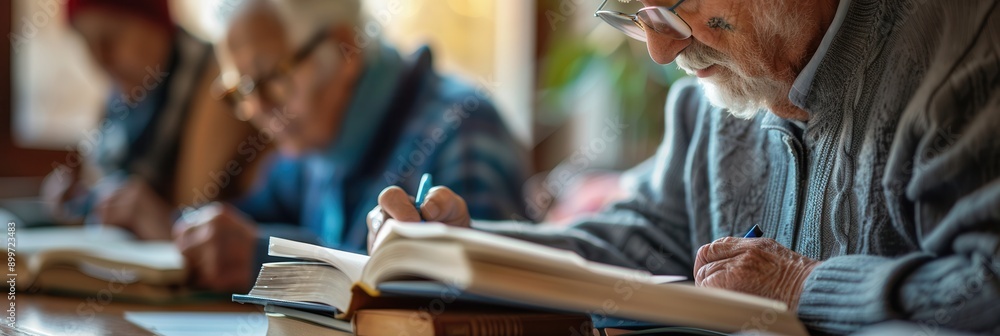 Poster elderly learners focus on foreign languages, using textbooks and dictionaries to enhance their skill
