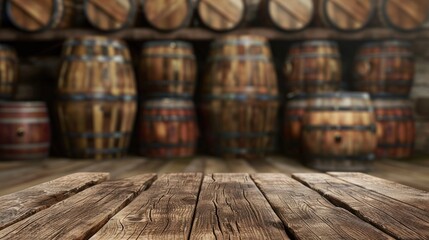 Wooden desk and old barrels against blurred backdrop