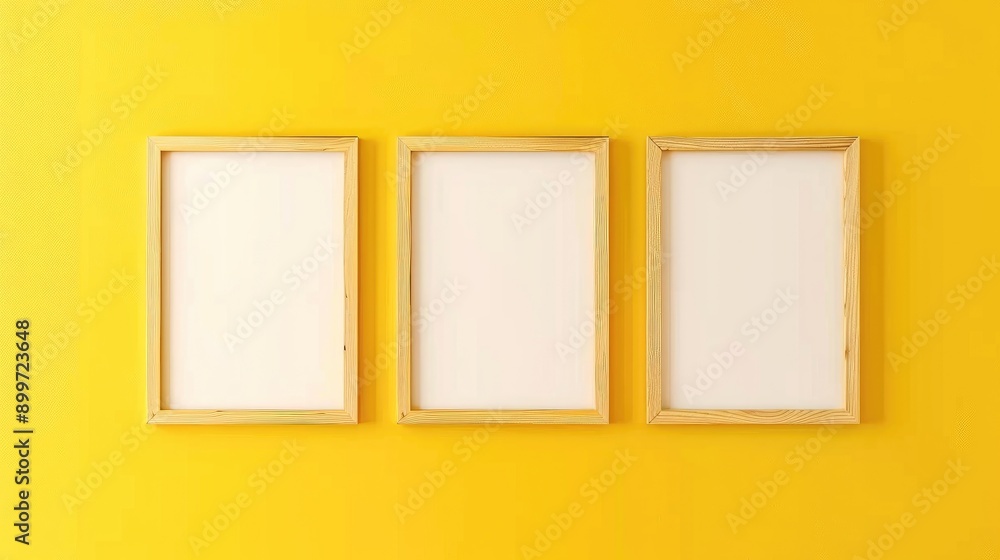 Poster Wooden frame set on bright yellow backdrop for design mockup with text space