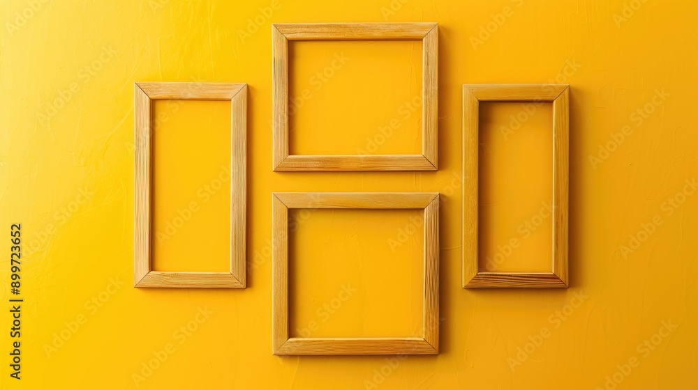 Poster Wooden frame set on bright yellow backdrop for design mockup with text space